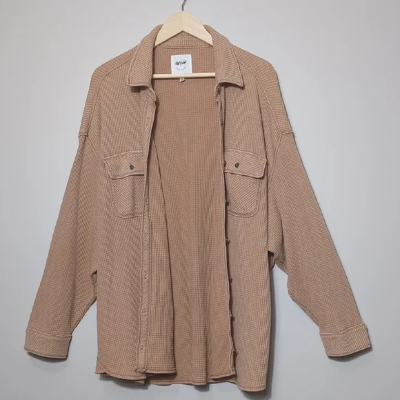 Aerie LumberJane Waffle Shirt Cappuccino Tan Button Up Oversized Relaxed XL - Picture 8 of 16